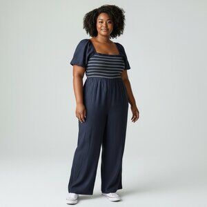 Draper James Smocked Dark Blue Denim Chambray Jumpsuit One Piece NWT Size XXL